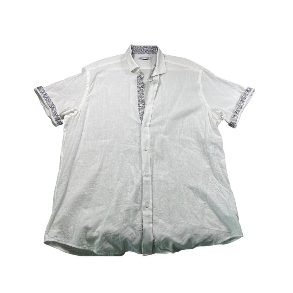 Marcello White Cotton Linen Blend Short Sleeve Button Front Shirt XL Floral Trim